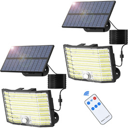 Сонячні LED світильники для вулиці 226 LED з датчиком руху, 3 режими, IP65 водонепроникні, настінні прожектори для саду та гаража з кабелем 5 м, комплект 2 шт.