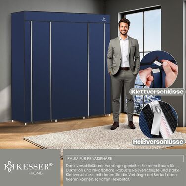 Тканинна шафа KESSER зі штангою та полицями, 150x45x175 см, 5 вішаків, синя, для спальні та гардеробної