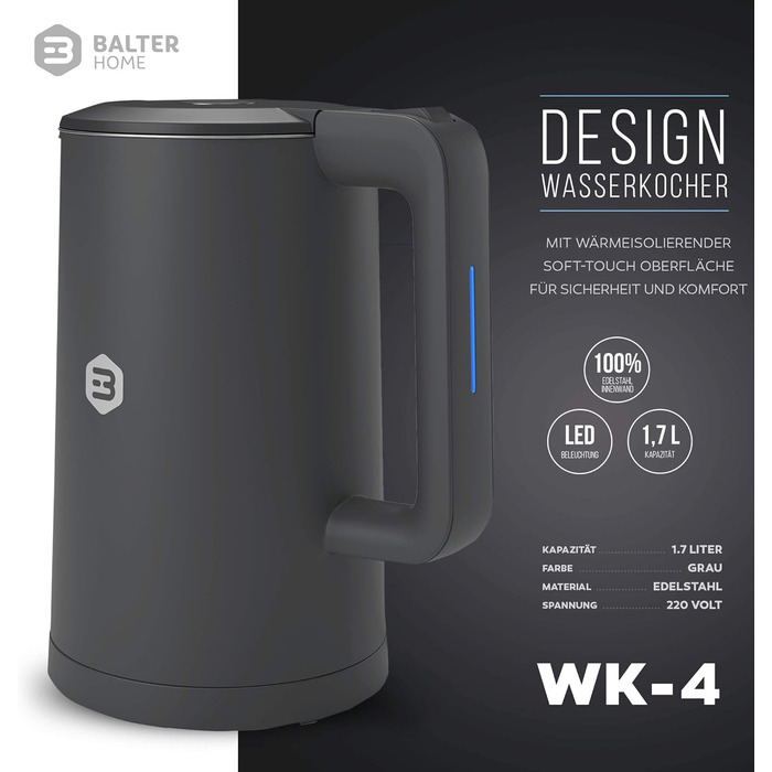 Електрочайник Balter WK-4 1,7 л, нержавіюча сталь, подвійні стінки, BPA Free, LED підсвітка, тихий, для чаю, компактний (чорний/сірий)