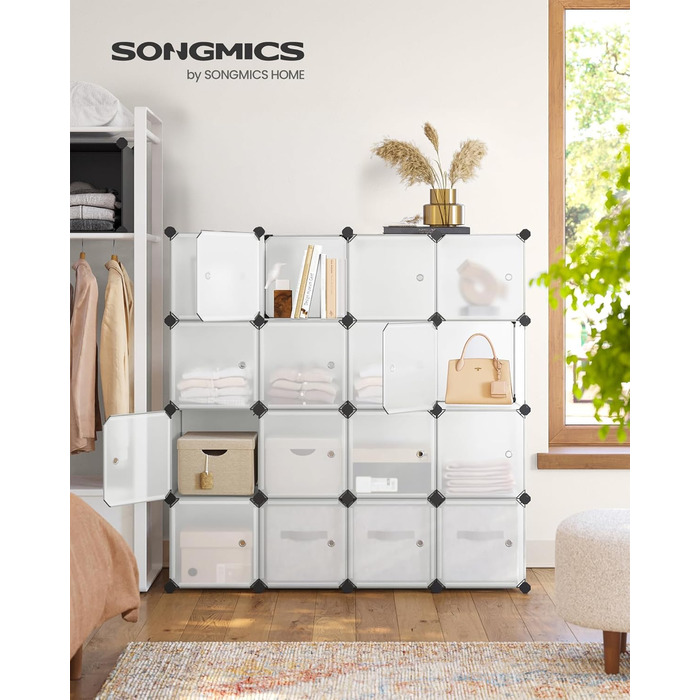 Модульний стелаж SONGMICS з 16 кубів, пластиковий шафа з дверцятами для взуття, одягу та книг, білий, легка збірка LPC44BS