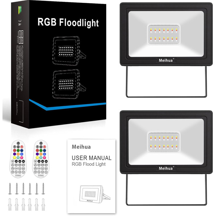 Світлодіодний RGB прожектор MEIHUA 25W, 2 шт, IP66, з пультом, 10 кольорів, 12 режимів, діммер, таймер, для вулиці та приміщення, пам’ять налаштувань, для саду, дерева, ландшафту