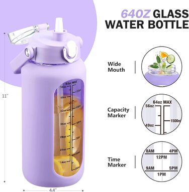 Пляшка для води 2 л з двома кришками, часова мітка, силіконова накладка, BPA-free, не протікає, для спорту та тренажерного залу (фіолетова)