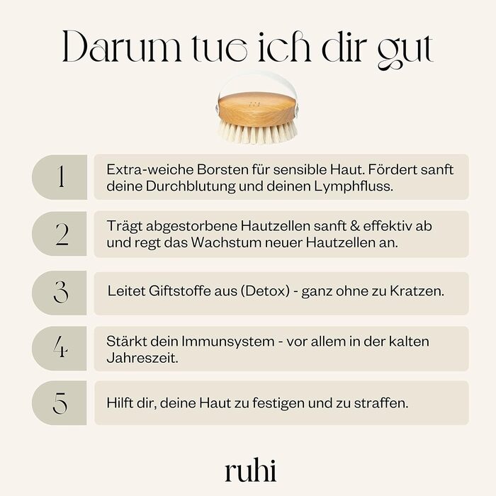 М'яка щітка для сухого масажу тіла RUHI з натуральної щетини, деревина бука, пластикова без додавання, зроблена в Німеччині, для лімфодренажу та проти целюліту