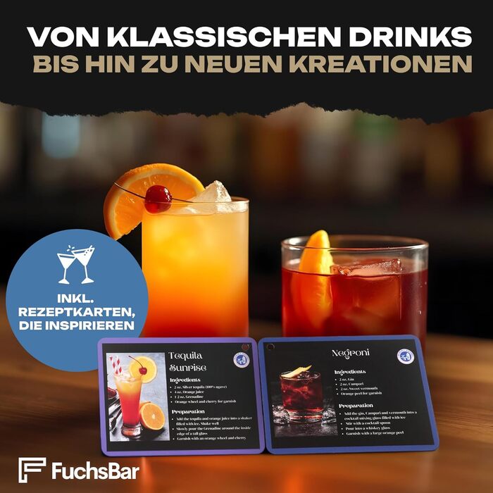 Набір для коктейлів FuchsBar, 8 предметів, нержавіюча сталь, шейкер, барне сито, ложка, рецепт-картки та аксесуари — ідеальний барний комплект для дому, вечірок та подарунка