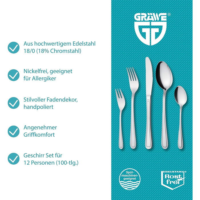Набір столових приборів GRÄWE Salzburg для 12 осіб, 100 предметів, нержавіюча сталь, без нікелю, ручне полірування, підходить для посудомийної машини