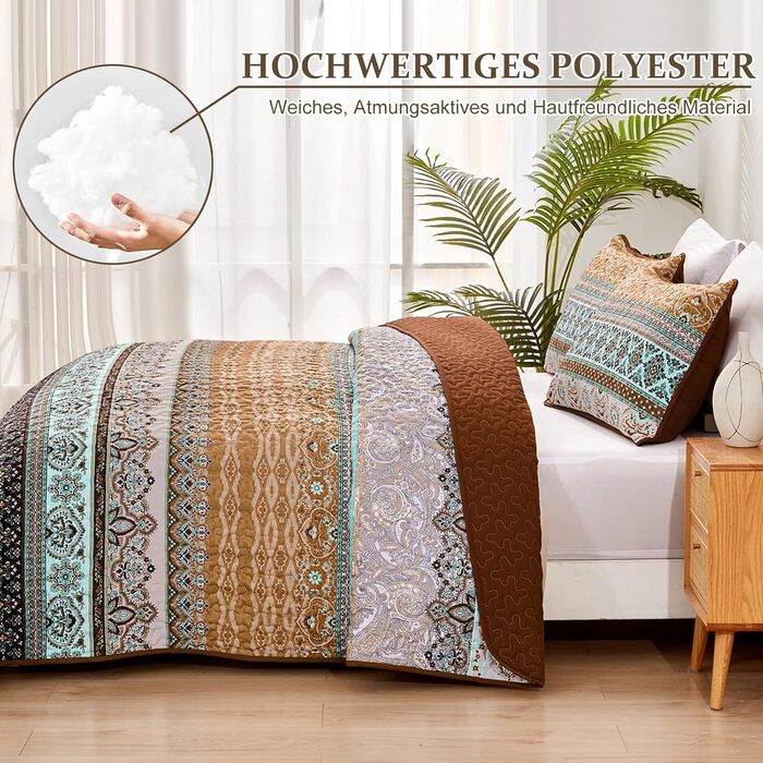 Покривало WONGS BEDDING 220x240 см Boho, стьобане, мікрофібра, 3 предмети: покривало та 2 наволочки 50x70, для двоспального ліжка, коричневе, для спальні чи дивана
