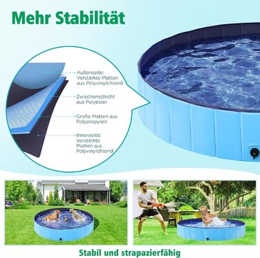 Складаний басейн для собак Yaheetech 160x30 см, протиковзкий, злив, PVC, синій, з щіткою і латками