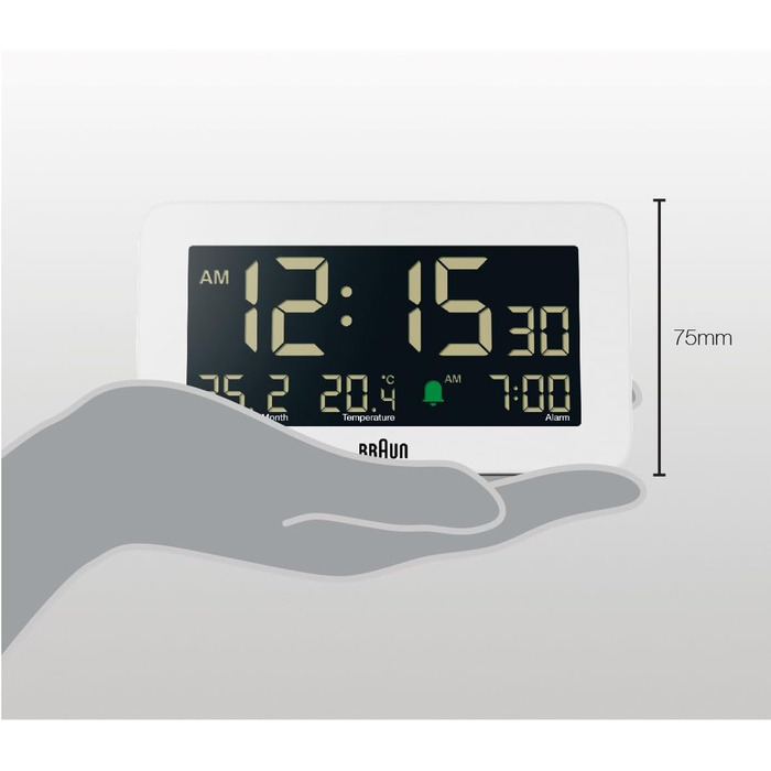 Цифровий годинник Braun BC10W з датою, місяцем і температурою, негативний LCD-дисплей, швидке налаштування та наростаючий сигнал, білий