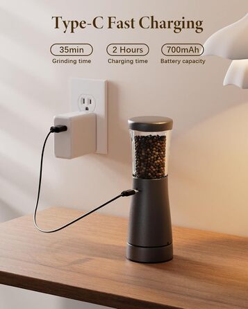 Електричні млинки для солі та перцю з USB, набір 2 шт, велика місткість 130 мл, регульований помел, LED-підсвічування, для кухні (чорний/білий)