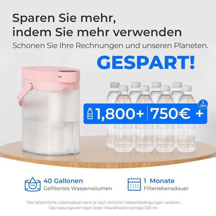 Електричний фільтр-глечик для води Waterdrop FreshTaste, 4 л, зменшує накип, хлор, свинець, мідь, очищає воду, рожевий, для холодильника