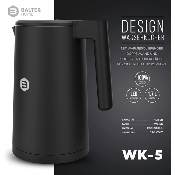 Електрочайник Balter WK-5 Touch з нержавіючої сталі, температурний режим 40–100°C, подвійні стінки, BPA-free, 1,7 л, чорний
