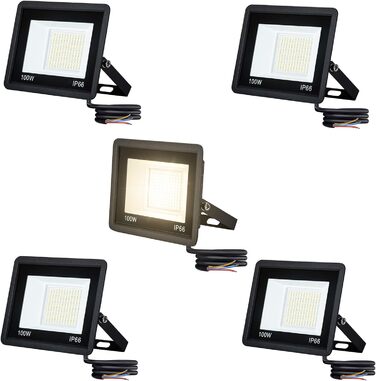 LED-прожектори AufuN 5x100Вт, надяскраві, тепле біле світло, IP65, водонепроникні, алюмінієві, для вулиці, саду, гаража, двору або готелю