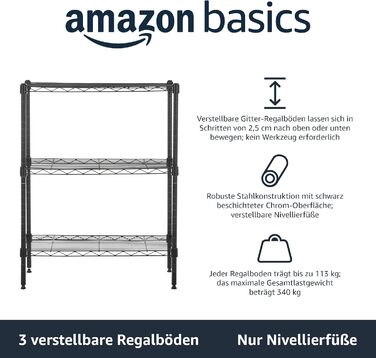 Вузька шафа для зберігання Amazon Basics з 3 регульованими полицями, чорна, метал, 340 кг, 34x58.9x76.2 см