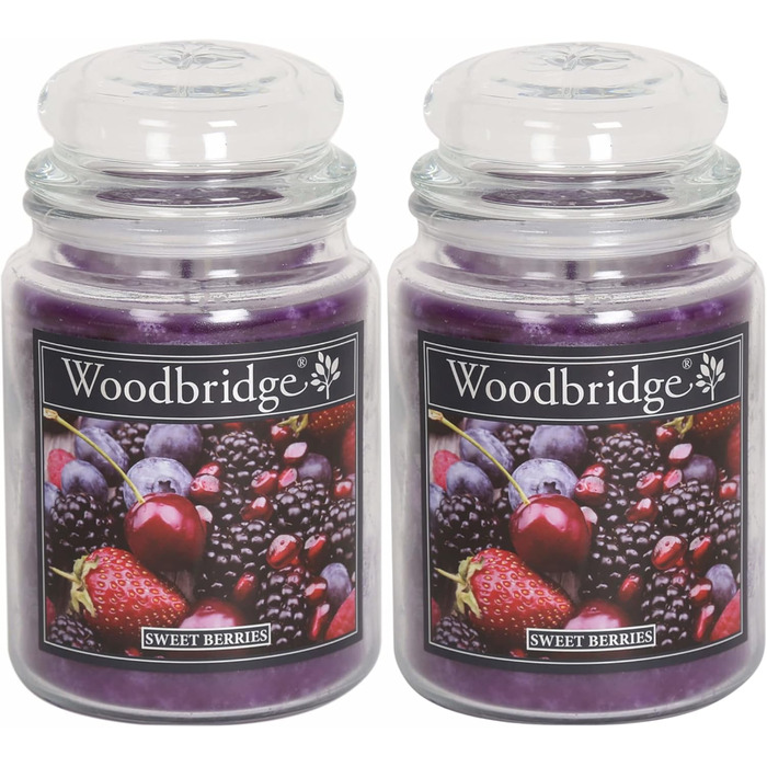 Ароматична свічка у склі з кришкою, набір 2 шт. Sweet Berries, фруктовий аромат, велика, фіолетова, 565г, тривалий час горіння (130 годин)