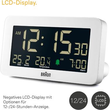 Цифровий годинник Braun BC10W з датою, місяцем і температурою, негативний LCD-дисплей, швидке налаштування та наростаючий сигнал, білий