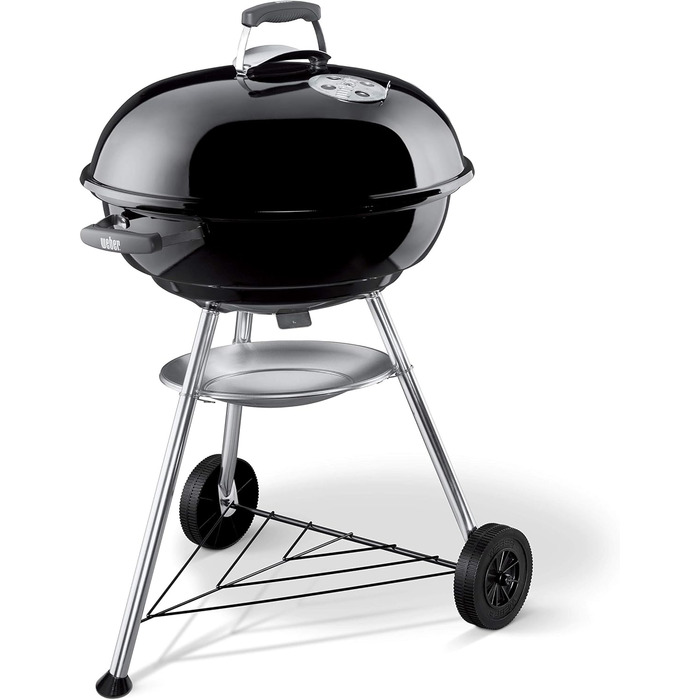 Вугільний гриль Weber Compact Kettle 57 см, порцелянове емалювання, кришка і котел, тринога з колесами, хромована решітка, чорний