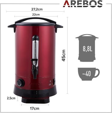 Електричний диспенсер для глінтвейну Arebos 8,8 л, 950 Вт, червоний, термостат, захист від перегріву