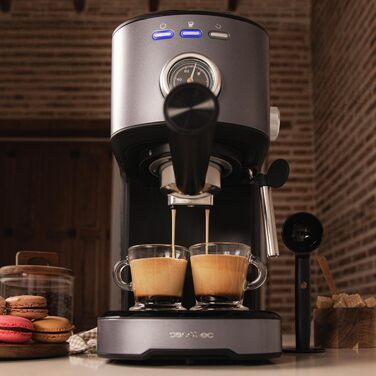 Кавоварка еспресо Cecotec Power Espresso 20 Pecan, 1100 Вт, 20 бар, термоблок, сталевий корпус, манометр, 1,25 л, подвійний фільтр, парова насадка