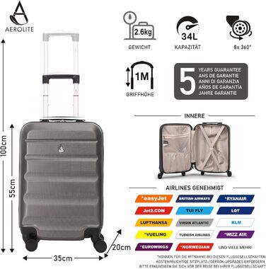 Легкий ручний чемодан Aerolite 34 л для авіакомпаній Lufthansa, Ryanair, EasyJet – жорсткий корпус ABS, 4 колеса, 55x35x20 см, висувна ручка, вугільно-сірий