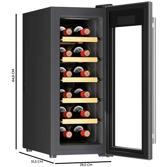 Винний шафа Cecotec Bolero GrandSommelier 830 CoolWood, термоелектрична, тиха, енергоефективна, для 12 пляшок, з індикаторами, сенсорним керуванням, нержавіюча сталь і дерево, регулювання температури 8-18°C