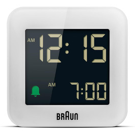Цифровий дорожній будильник Braun BC08W з функцією відстрочки, компактний, негативний LCD-дисплей, швидке налаштування, наростаючий сигнал, білий