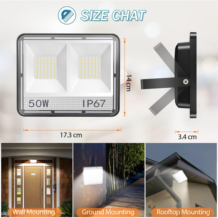 LED прожектор для вулиці YIQIBRO 50Вт 2шт, 5000Лм, 7000K, IP67, холодне світло для саду, гаража, двору, тераси