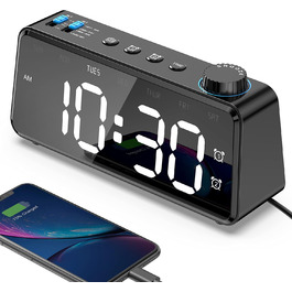 Цифровий FM-радіо будильник ANJANK з USB-зарядкою, подвійним будильником, димованим LED-дисплеєм 6,5'', динаміком, функцією відкладання, для спальні, чорний