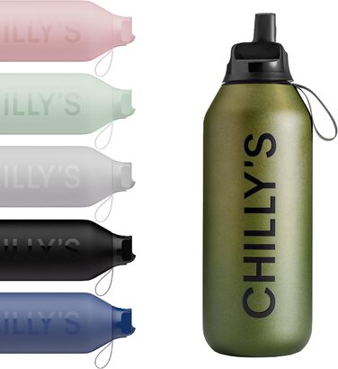 Термобутилка Chilly's Series 2 Flip 500 мл з нержавіючої сталі, з трубочкою, спортивною кришкою, ремінцем та щіткою для чищення (Ombre - Moss)