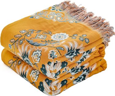 Покривало HOORDRY Boho для ліжка та дивана, бавовняна двостороння ковдра 150×200 см з китицями, жовто-зелене, для спальні та вітальні