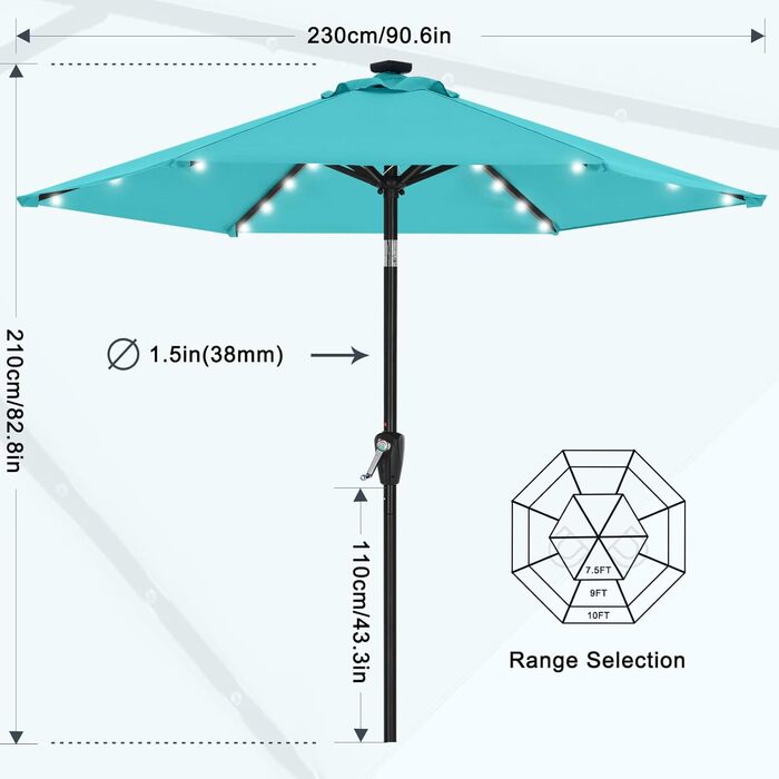 Сонячна парасоля MasterCanopy 230 см з 24 LED, бірюзова – садовий, терасний, стіловий парасоля для вулиці