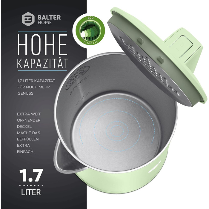 Електричний чайник Balter WK-4, 1,7 л, нержавіюча сталь, подвійні стінки, без BPA, LED підсвітка, компактний, тихий, чорний/м'ятний