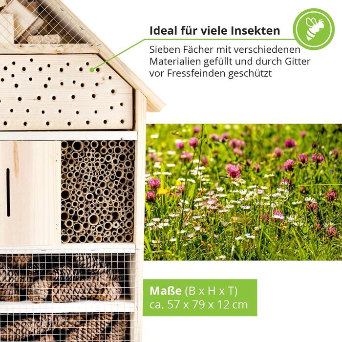 Інсектотель GARTENETAGE XXL – масивний будиночок для комах та бджіл, натуральне дерево, готель для комах з опорами, будиночок для сонечок і метеликів, допомога у гніздуванні та захист видів