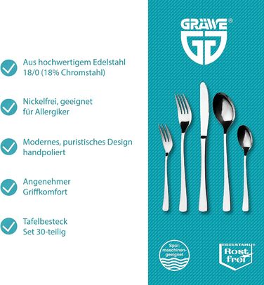 Столовий набір GRÄWE Würzburg з нержавіючої сталі для 6 осіб, 30 предметів, нікель-без, антикорозійний, ручне полірування, підходить для посудомийної машини