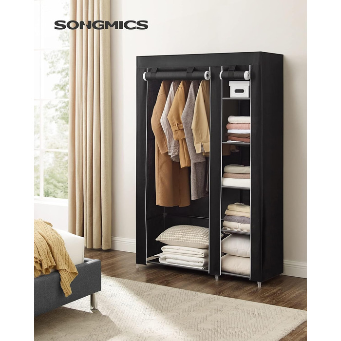Тканинна шафа SONGMICS XL з вішалкою, складана, для одягу, 110x175x45 см, чорна, LSF007, органайзер для зберігання, кемпінг