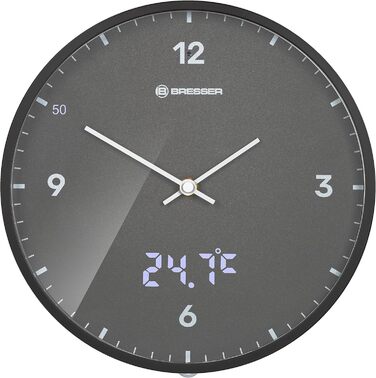 Стінастий годинник Bresser MyTime, 24 см, радіокерований, безшумний, з LED секундною індикацією, вимірюванням температури, сірий