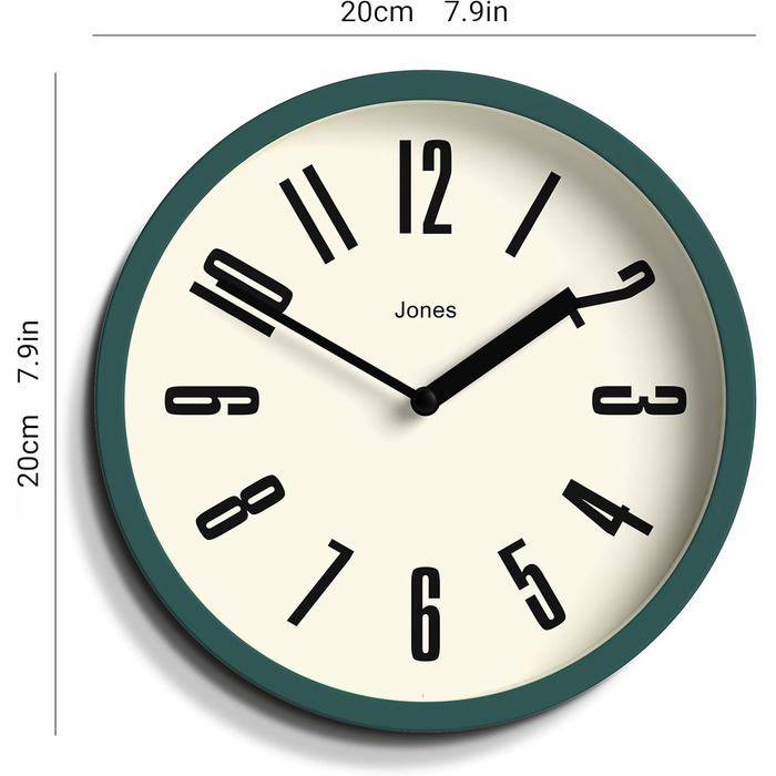 Ретро настінний годинник JONES CLOCKS 20 см, темно-зелений, великі цифри, для кухні, офісу, дитячої кімнати, ванної, легке зчитування