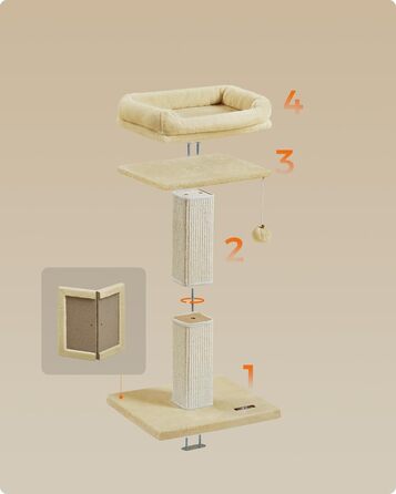 Дряпак для котів Feandrea, котячий комплекс 71 см, платформа 40x30 см, стовп з сизалю, основа 45x40 см, м'ячик, бежевий