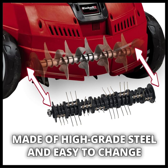 Електричний аератор-вертикутер Einhell GC-SA 1231/1, 230 В, для газону до 300 м², 1.2 кВт, 28 л травозбірник, 3 рівні глибини, складана ручка