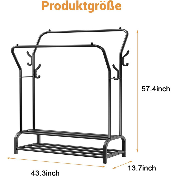Вішак для одягу LOEFME, подвійний, металевий, 110x35x146 см, мінімалізм, чорний, стійка для спальні