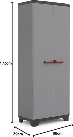 Шафа Keter Stilo пластикова висока 68x39x173 см, сіра/чорна/червона, 3 регульовані полиці по 15 кг