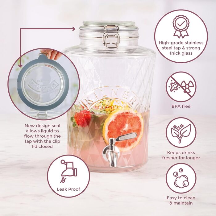 Скляний диспенсер для напоїв Kilner Diamond 5 л з нержавіючим краном, герметичною кришкою і силіконовим ущільнювачем, ідеально для соків, коктейлів та настоїв