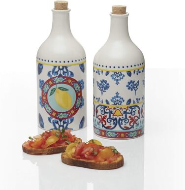 Набір керамічних пляшок для оцту та олії KitchenCraft World of Flavours, з корковими пробками, 500 мл, різнокольорові