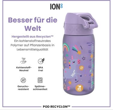 Ion8 ізольована пляшка для води з нержавіючої сталі 320 мл, герметична, зручне відкриття однією рукою, безпечне блокування, для дітей, єдиноріг, фіолетова, підходить для посудомийної машини, легка очистка, довговічна
