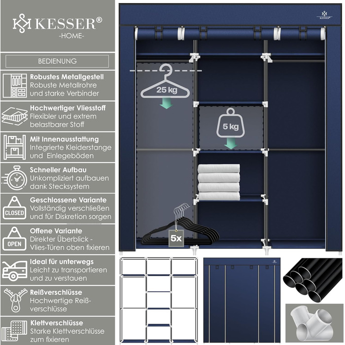 Тканинна шафа KESSER зі штангою та полицями, 150x45x175 см, 5 вішаків, синя, для спальні та гардеробної