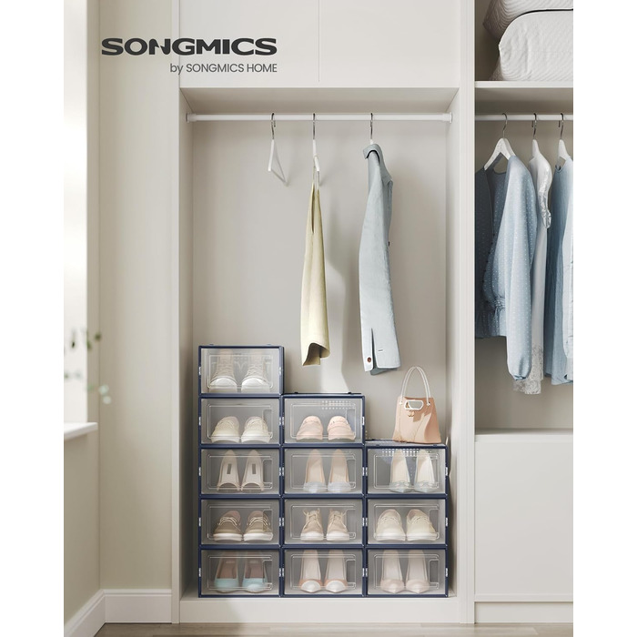 SONGMICS набір з 12 прозорих пластикових коробок для взуття, складні та штабельовані органайзери, для взуття до 44 розміру, біло-прозорі з антрацитовим відтінком