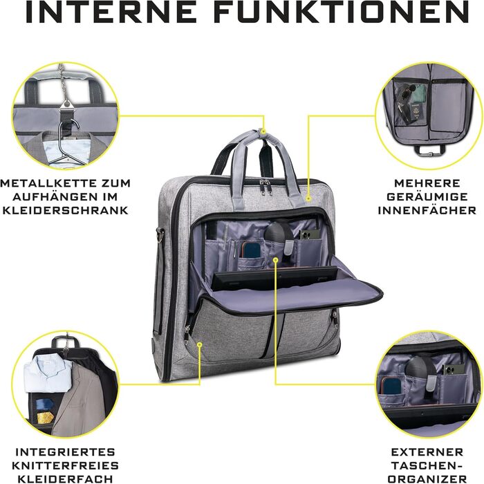 Дорожній чохол для костюмів Kleidersack Luxe Grijs на 3 костюми, з плечовим ременем та кишенями, ручна поклажа для подорожей і відряджень