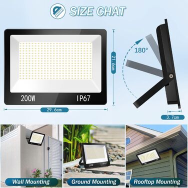 YIQIBRO LED прожектор для вулиці 200Вт*2, 10000Лм, IP67, холодне біле світло 6500K, водонепроникний, для складу, саду, гаража, двору, парковки