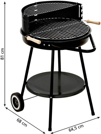 Вугільний гриль GRILLCHEF Corso на колесах, емальована чаша, регульована хромована решітка 48,5 см, стіл, вітрозахист, чорний