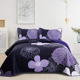 Покривало WONGS BEDDING 220x240 см, лілове, квітковий принт, мікрофібра, літнє стьобане покривало для двоспального ліжка + 2 наволочки 50x75 см