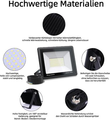 Комплект із 2 LED прожекторів 100W, 8140Лм, тепле біле світло 3000K, IP66, водонепроникні, для вулиці, двору, гаража, під'їзду, саду